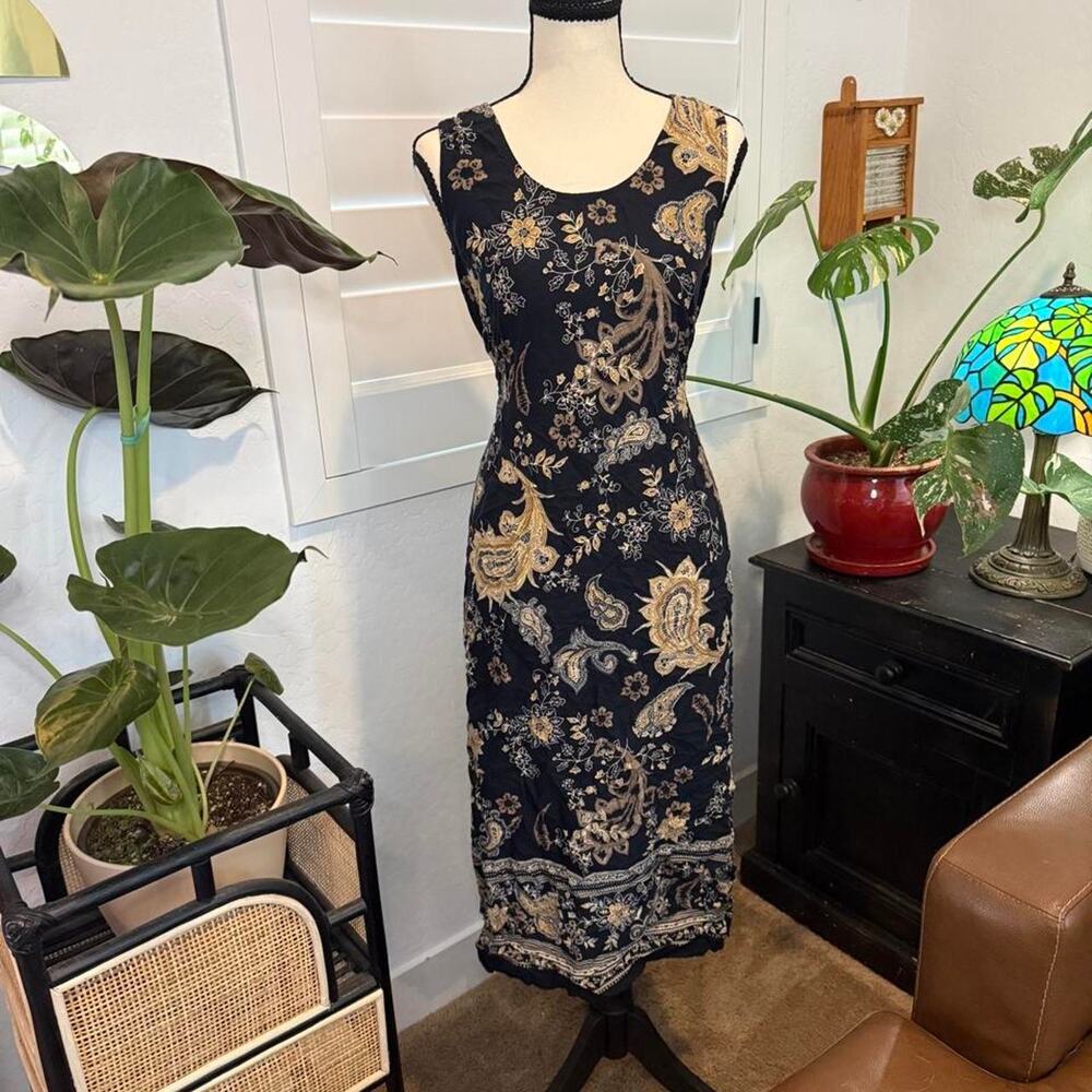 VTG 90s Y2K Dark Fairy Black Paisley Floral Midi Dress Tie Back Boho Whimsigoth